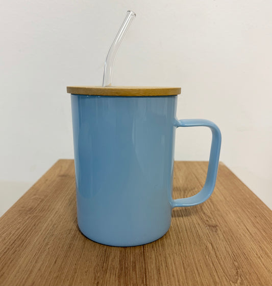 Metal Coffee Cup with Bamboo Lid and Straw