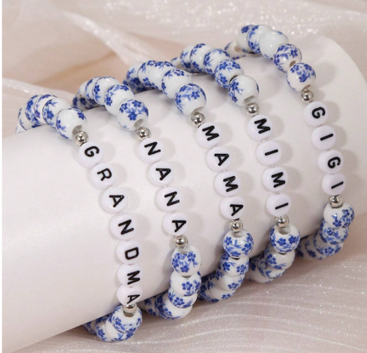 White and Blue Floral Beaded Letter Bracelet