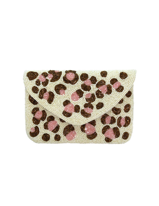 Pink Leopard Print Mini Beaded Clutch